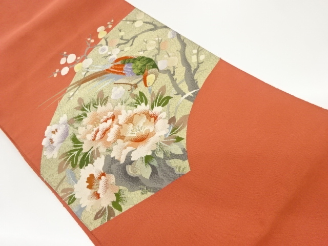 綴れ地紙に花鳥・牡丹模様織出し名古屋帯